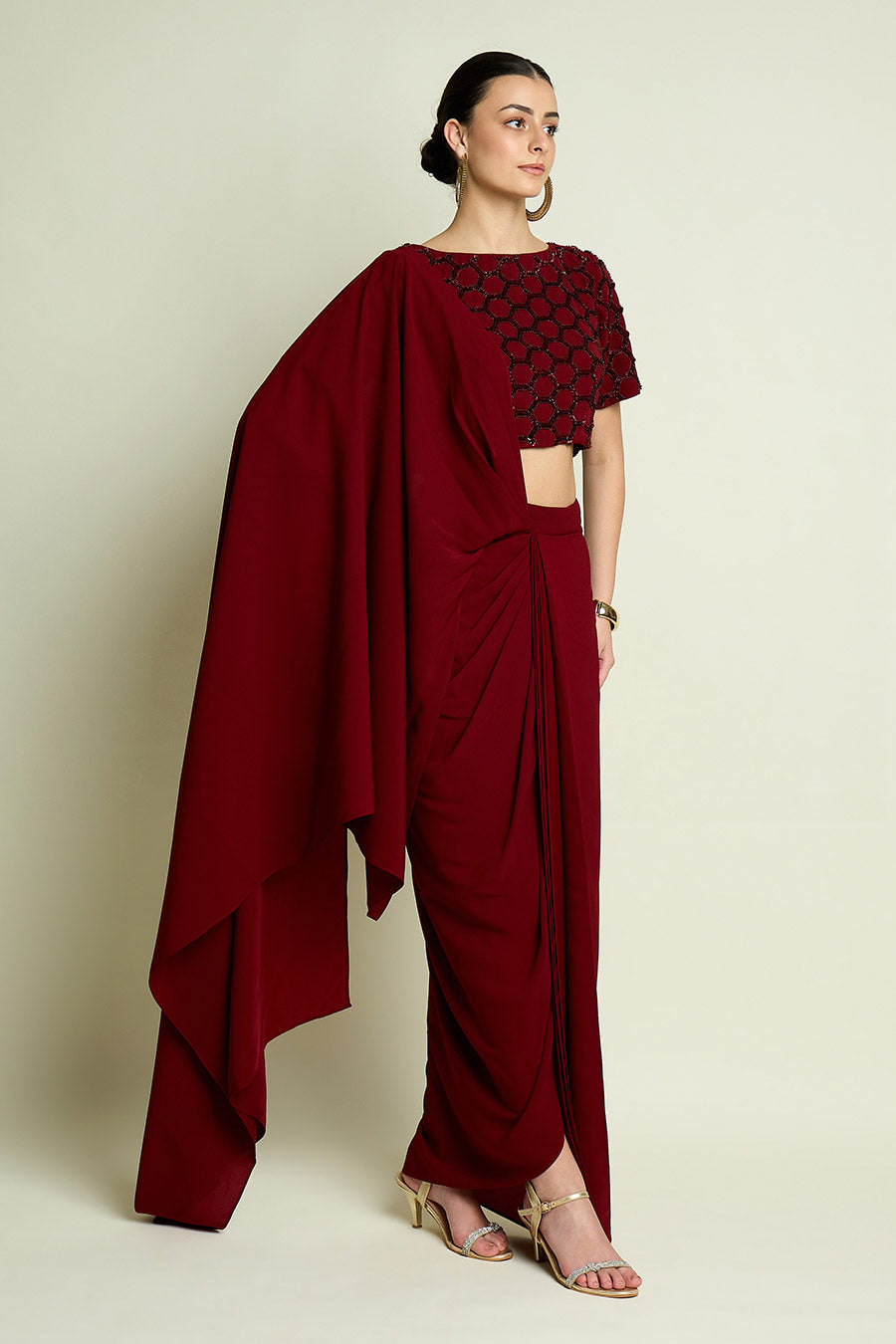 Wine Pre-Draped Saree With Embellished Blouse