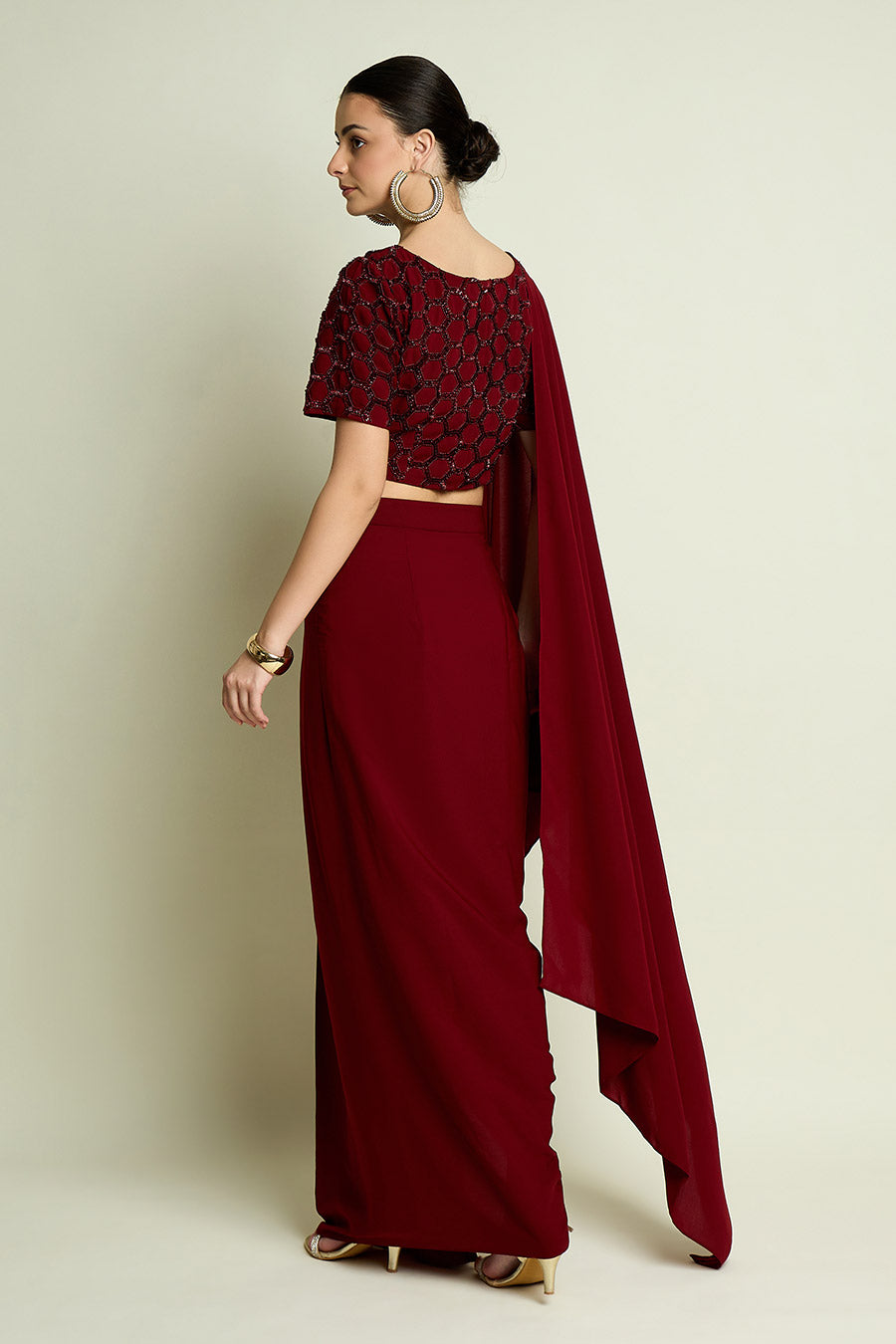 Wine Pre-Draped Saree With Embellished Blouse