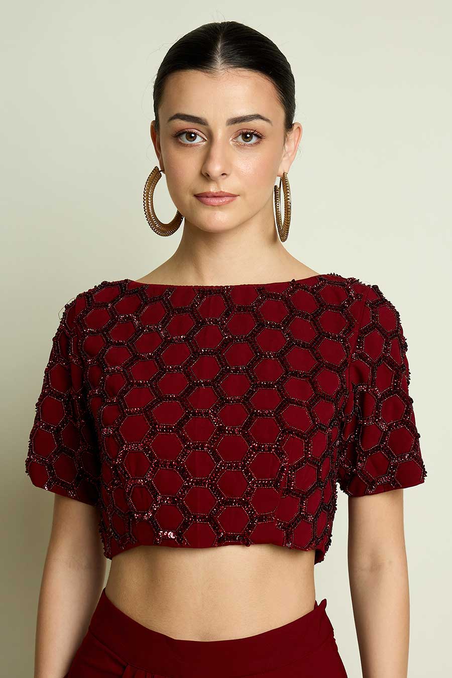 Wine Pre-Draped Saree With Embellished Blouse