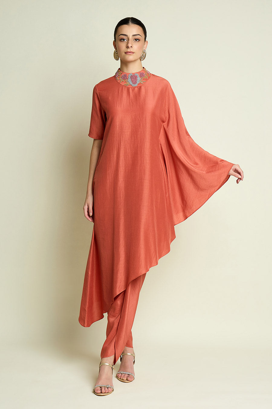 Orange Embellished Neck Cotton Silk Co-Ord Set