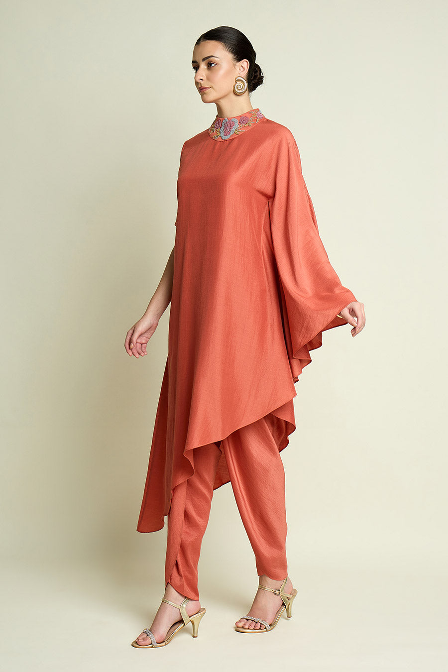 Orange Embellished Neck Cotton Silk Co-Ord Set