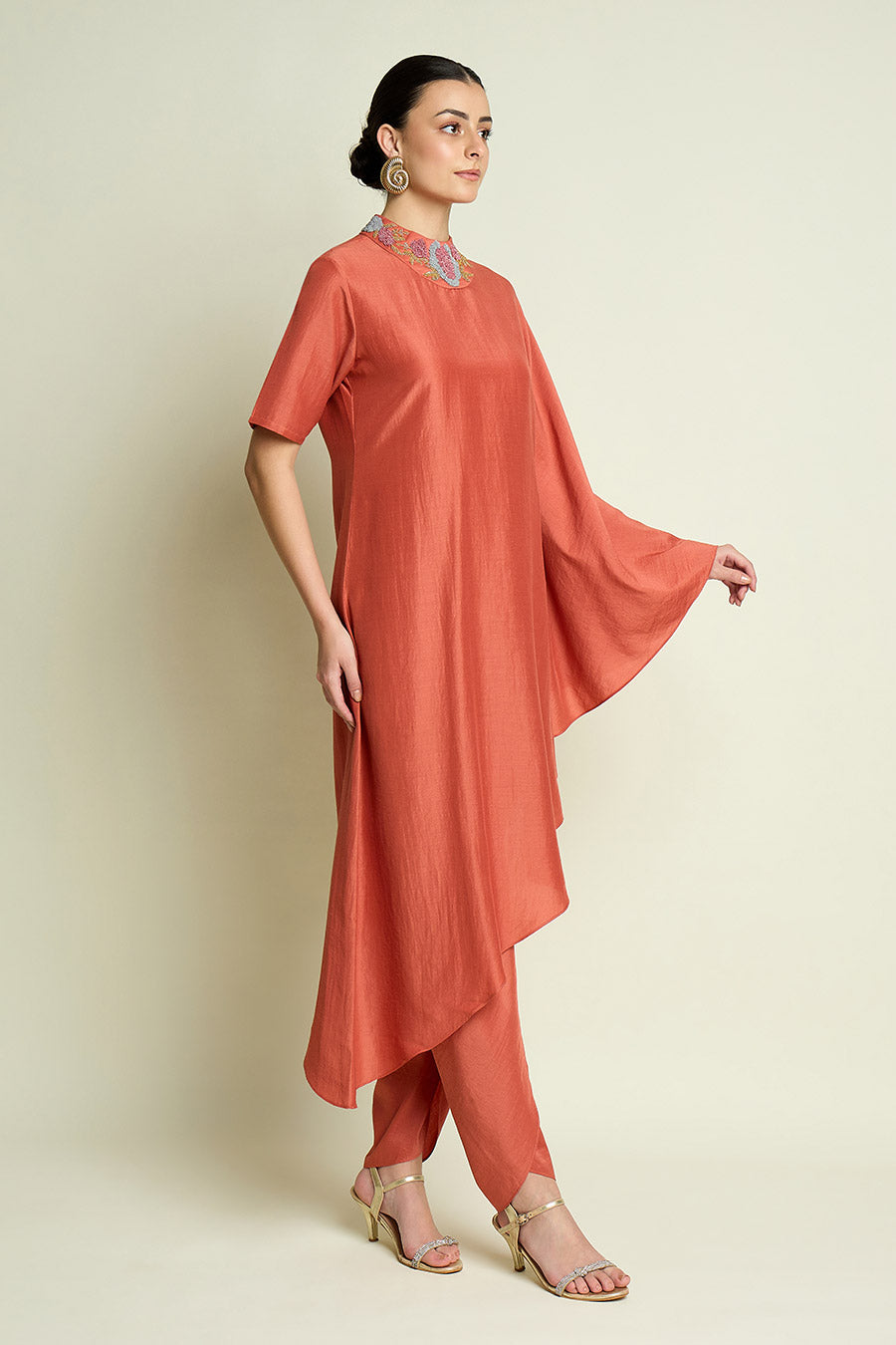 Orange Embellished Neck Cotton Silk Co-Ord Set