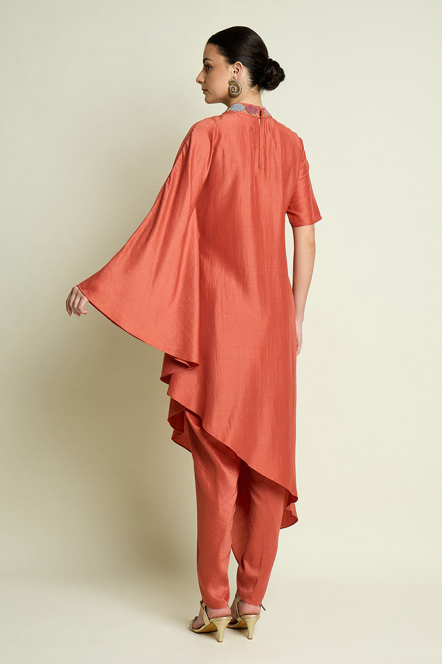 Orange Embellished Neck Cotton Silk Co-Ord Set