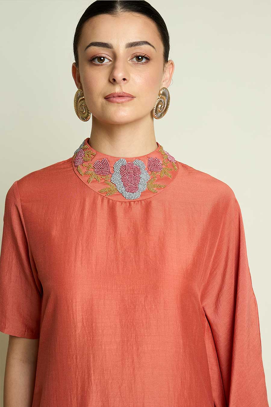 Orange Embellished Neck Cotton Silk Co-Ord Set