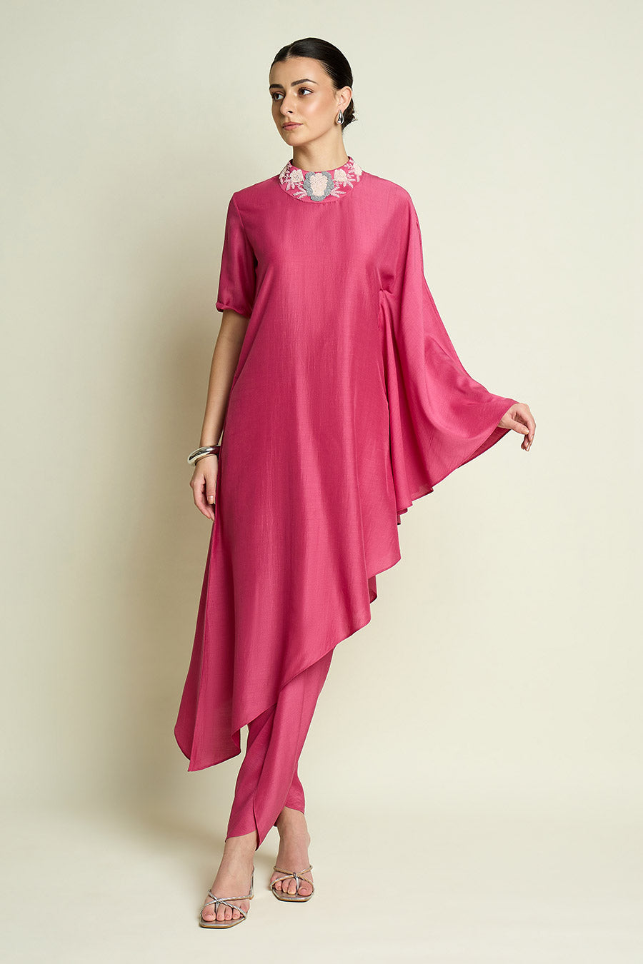 Pink Embellished Neck Cotton Silk Co-Ord Set