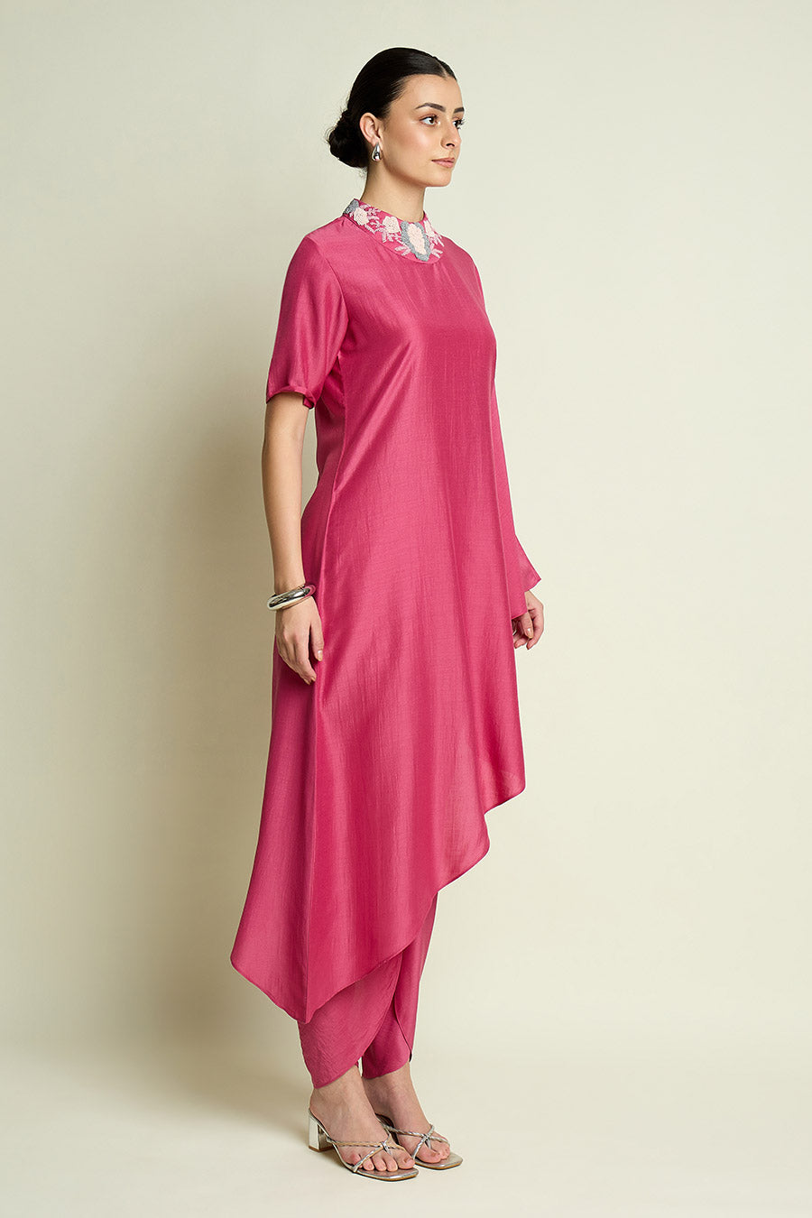 Pink Embellished Neck Cotton Silk Co-Ord Set