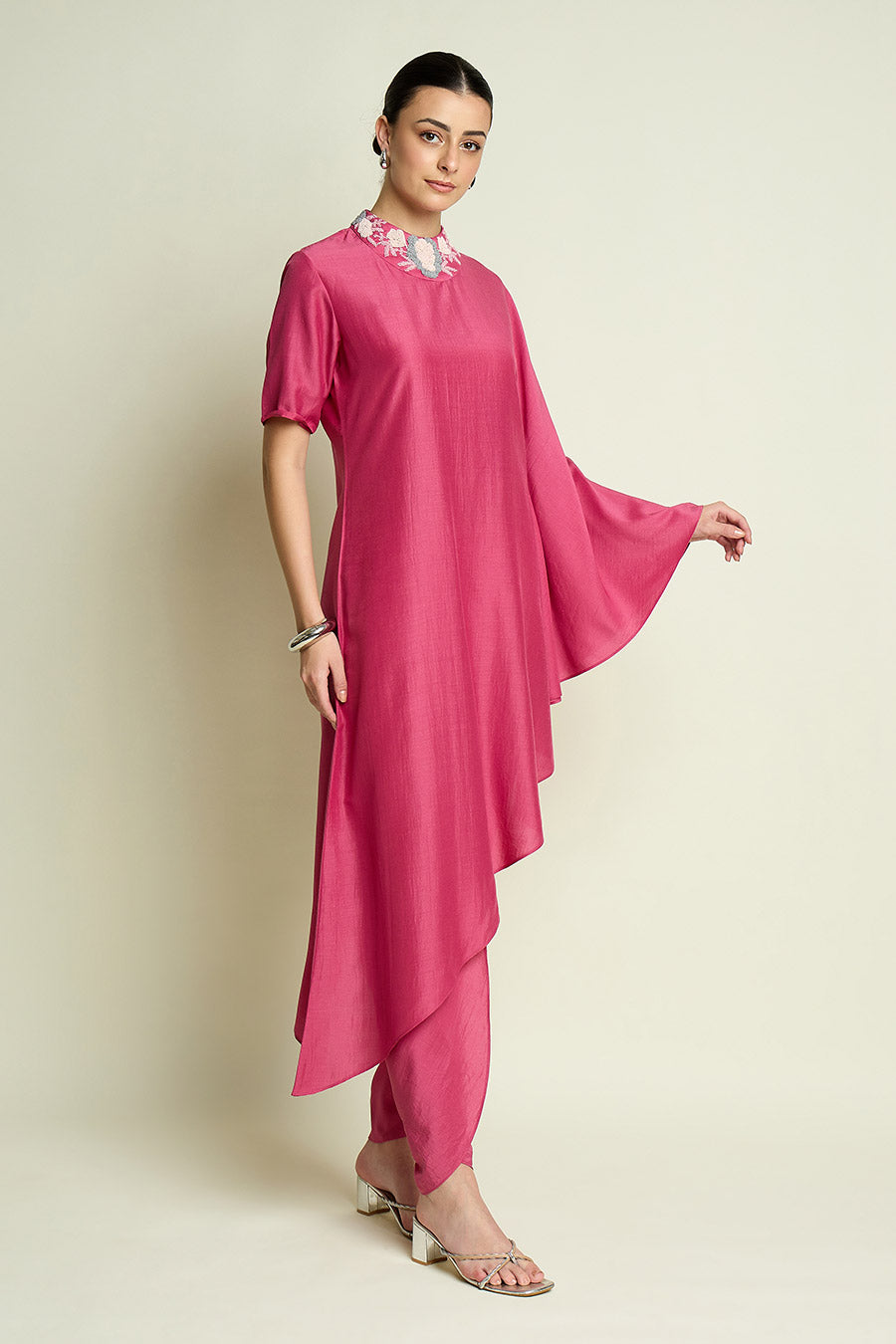 Pink Embellished Neck Cotton Silk Co-Ord Set