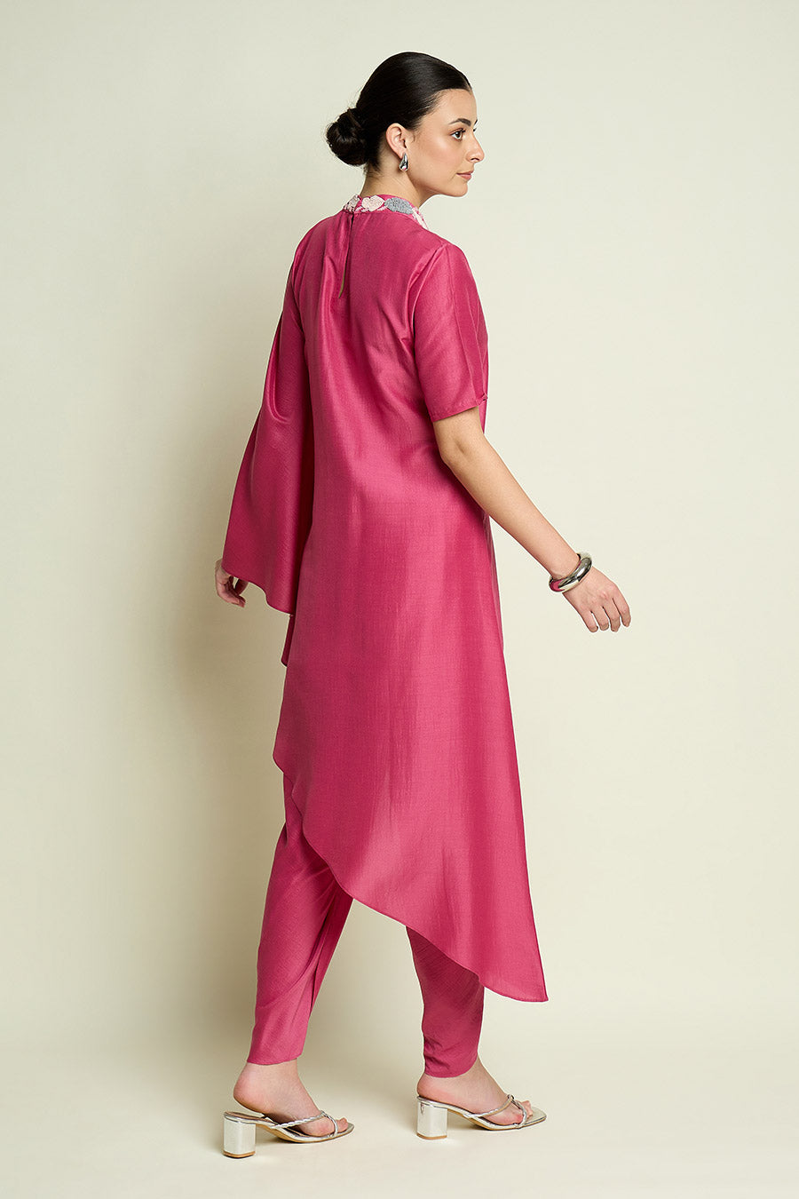 Pink Embellished Neck Cotton Silk Co-Ord Set