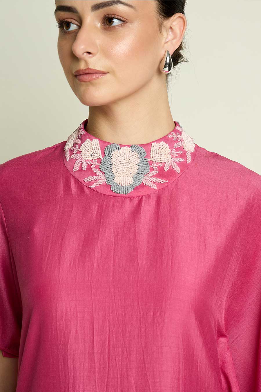 Pink Embellished Neck Cotton Silk Co-Ord Set