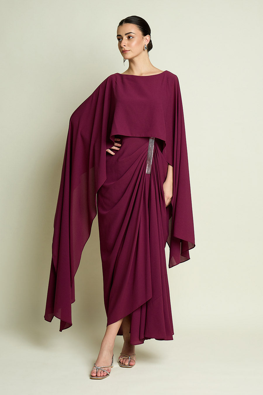 Plum Metallic Embellished Drape Dress