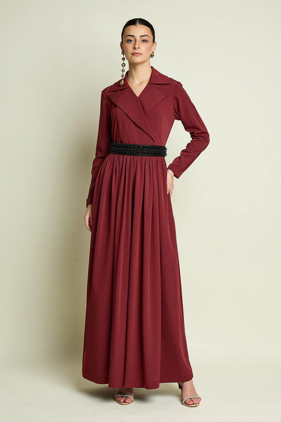 Maroon Flared Jumpsuit With Embellished Belt