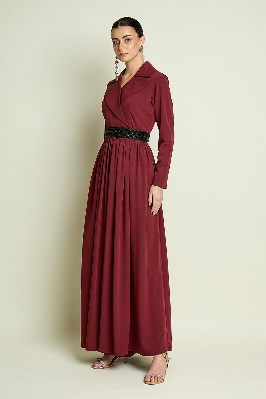 Maroon Flared Jumpsuit With Embellished Belt