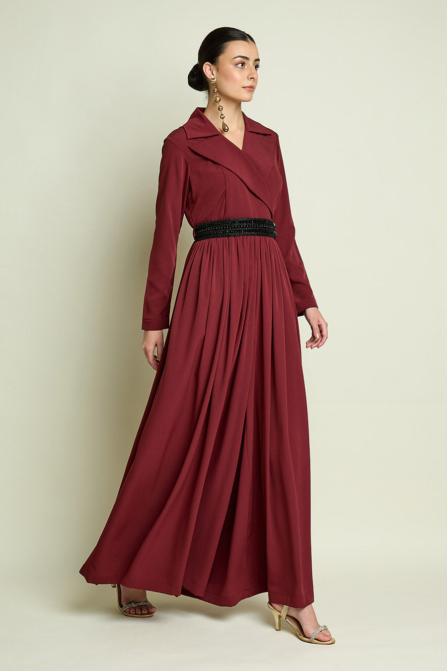 Maroon Flared Jumpsuit With Embellished Belt