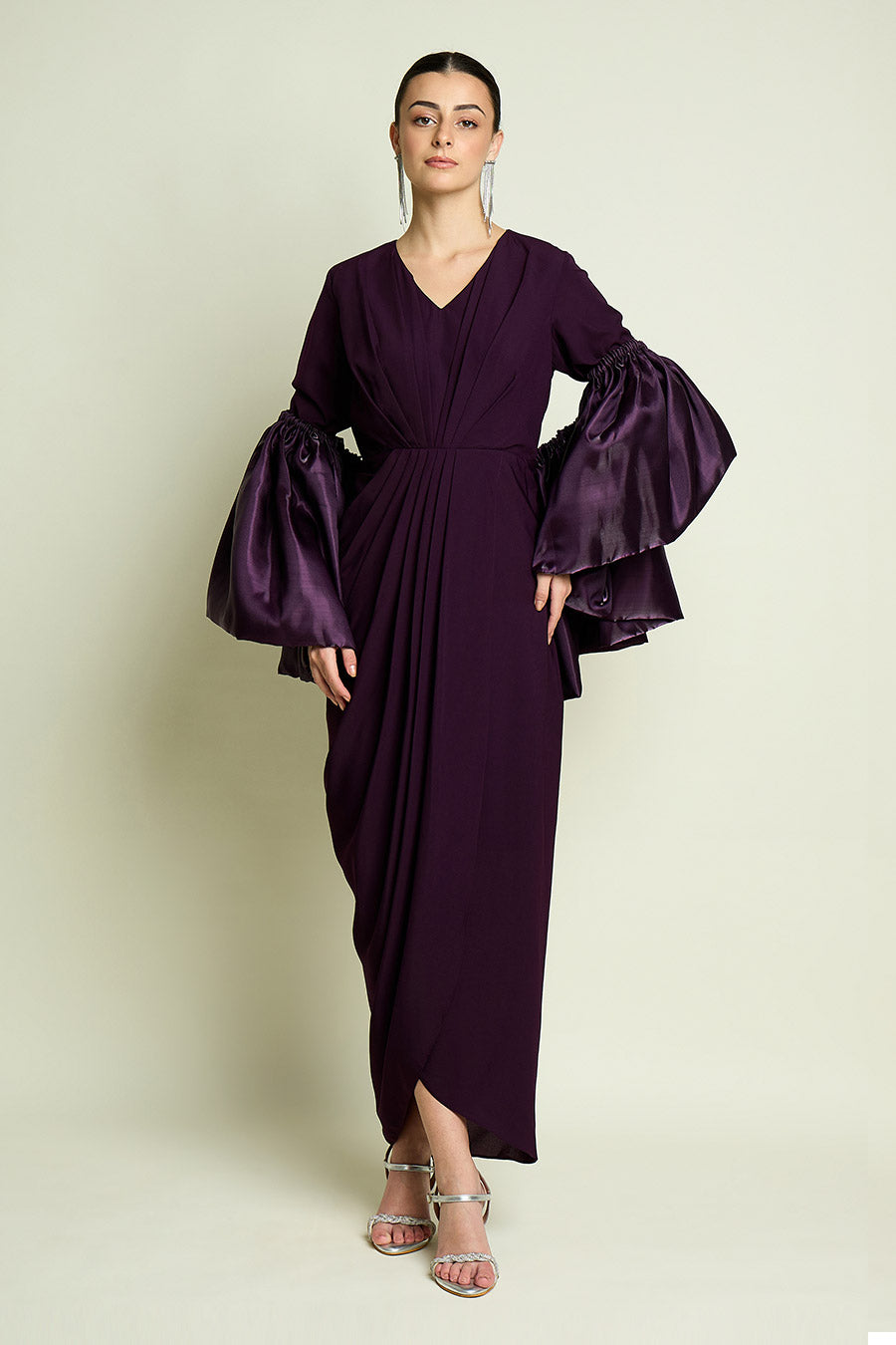 Purple Draped Dress With Metallic Shrug