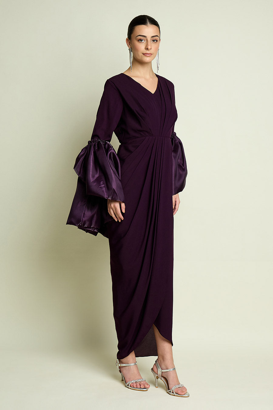 Purple Draped Dress With Metallic Shrug