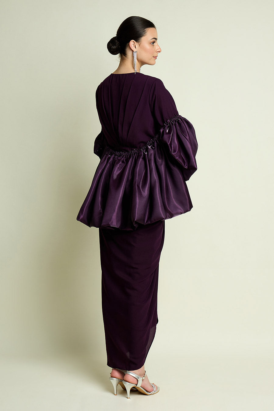 Purple Draped Dress With Metallic Shrug