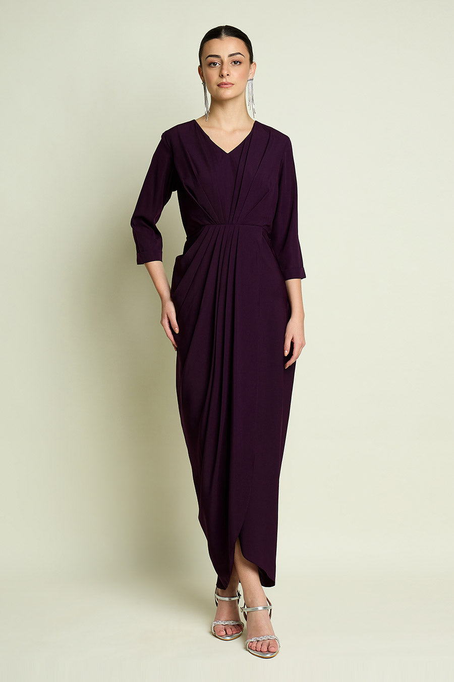 Purple Draped Dress With Metallic Shrug