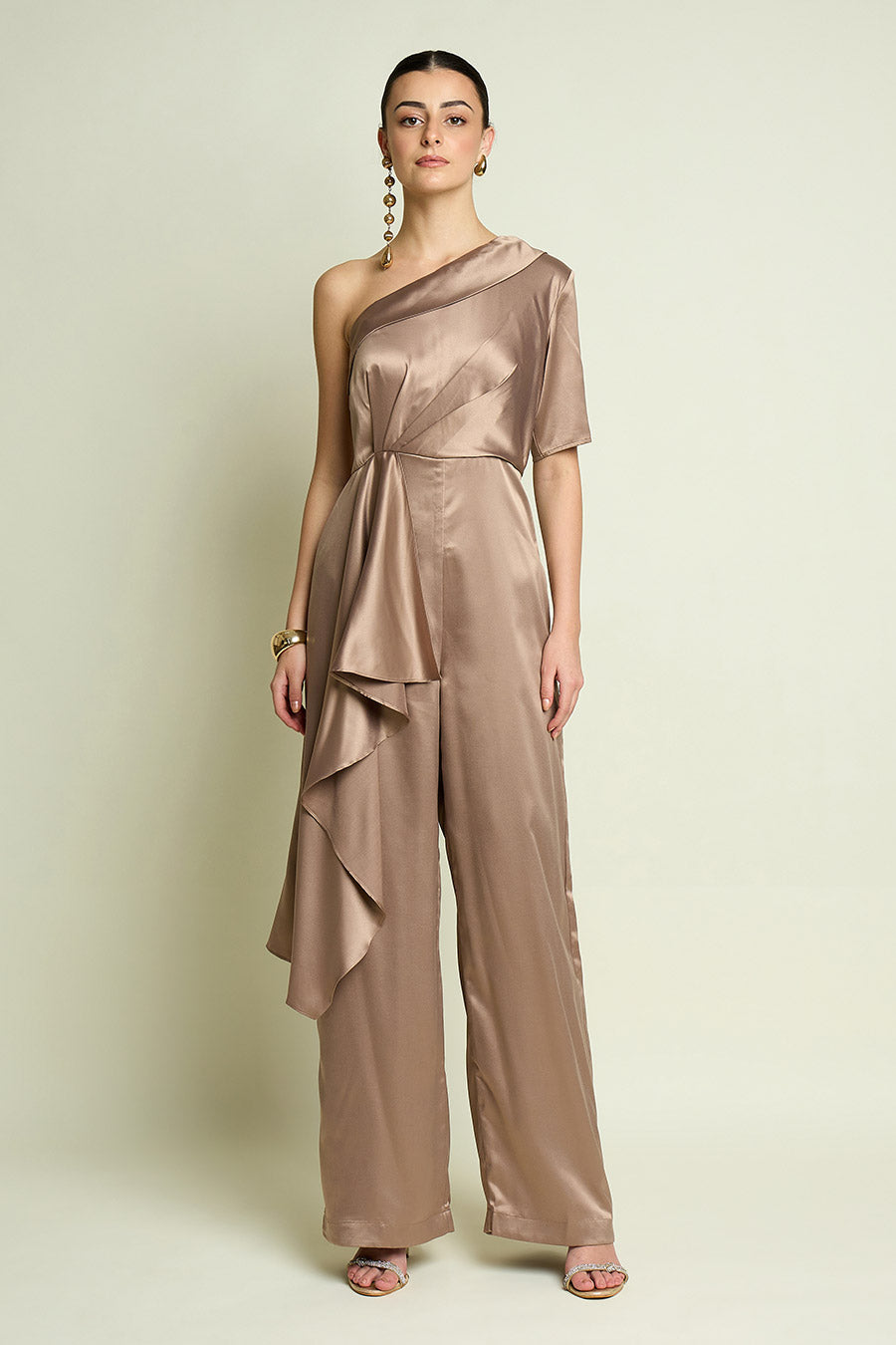 Champagne One-Shoulder Drape Jumpsuit
