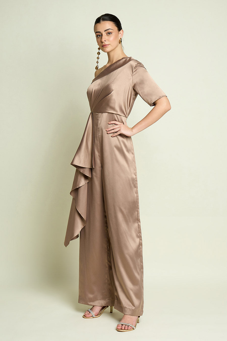Champagne One-Shoulder Drape Jumpsuit