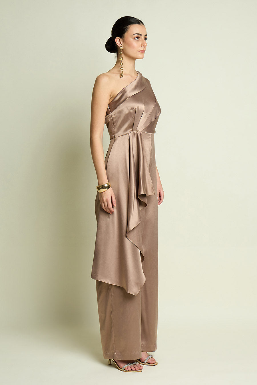 Champagne One-Shoulder Drape Jumpsuit