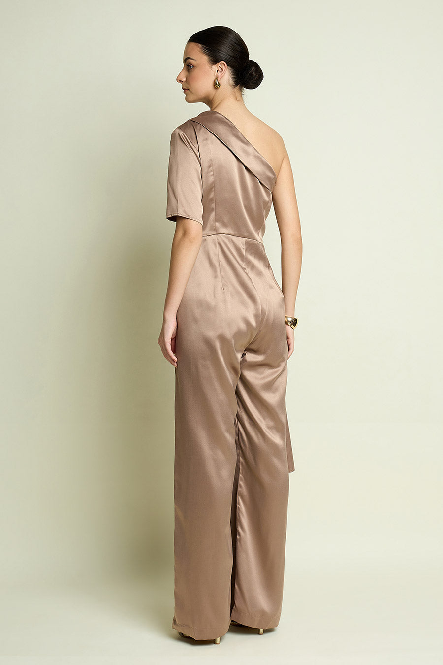 Champagne One-Shoulder Drape Jumpsuit
