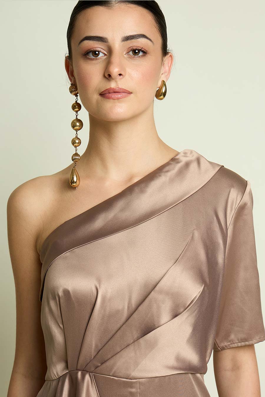 Champagne One-Shoulder Drape Jumpsuit