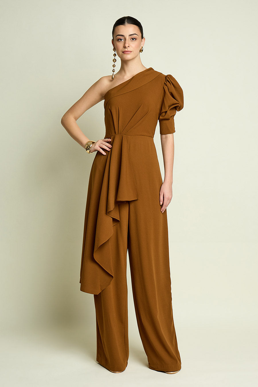 Tan One-Shoulder Drape Jumpsuit