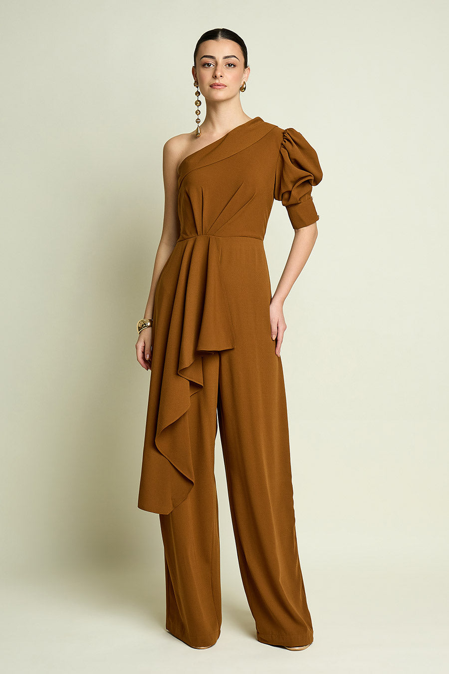 Tan One-Shoulder Drape Jumpsuit