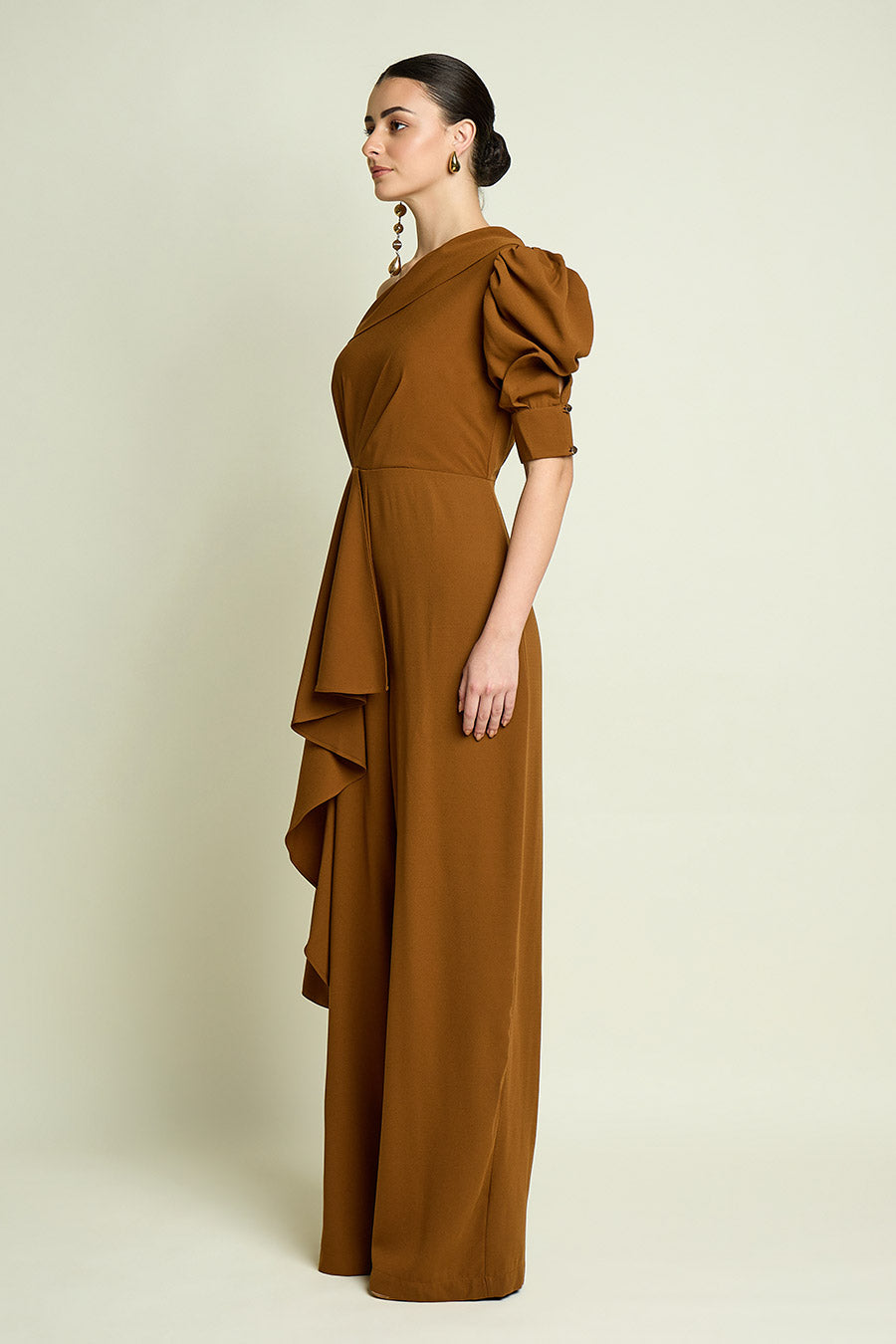 Tan One-Shoulder Drape Jumpsuit