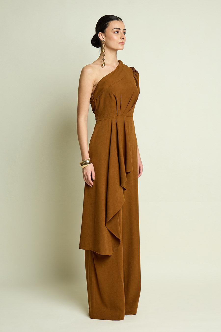 Tan One-Shoulder Drape Jumpsuit