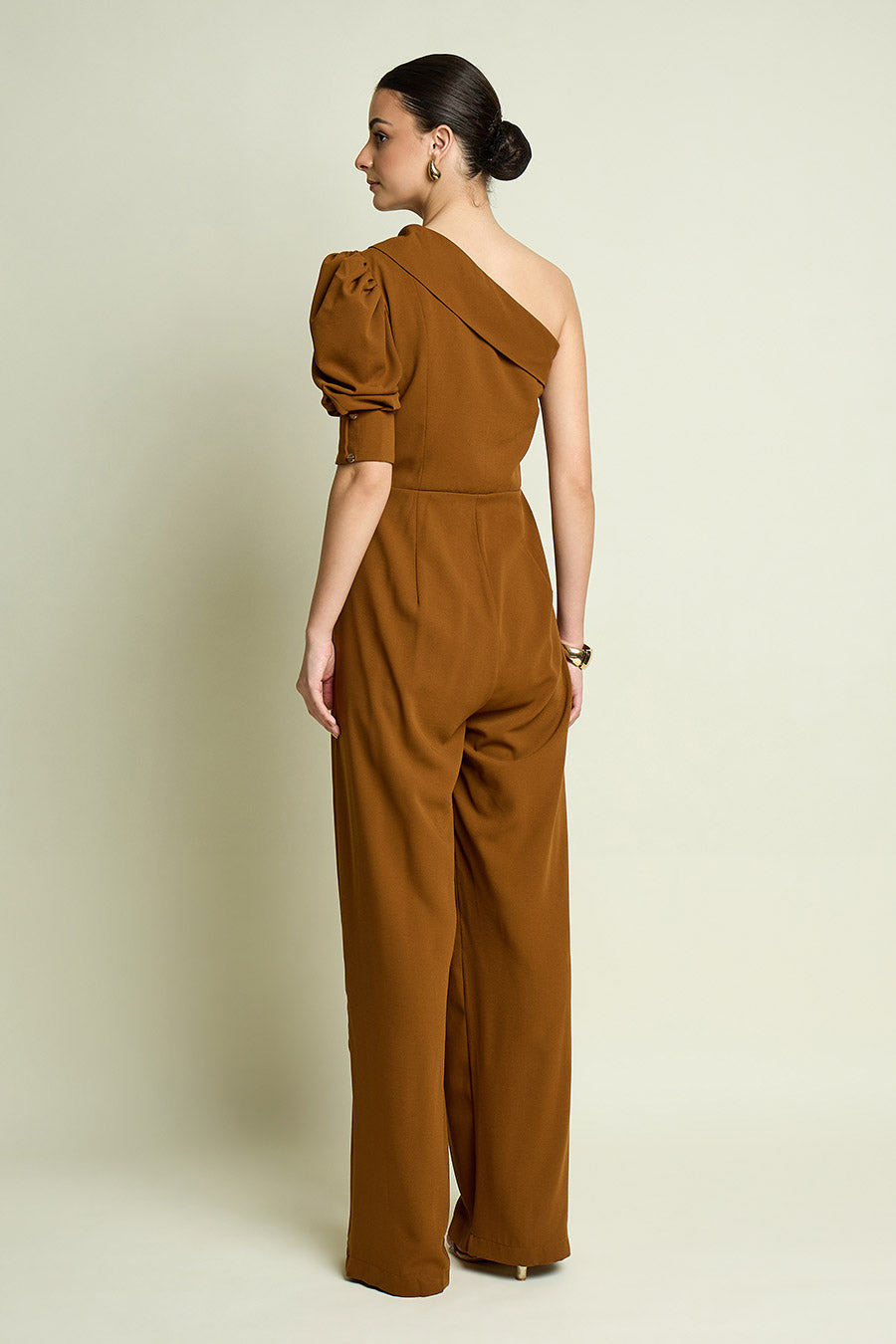 Tan One-Shoulder Drape Jumpsuit