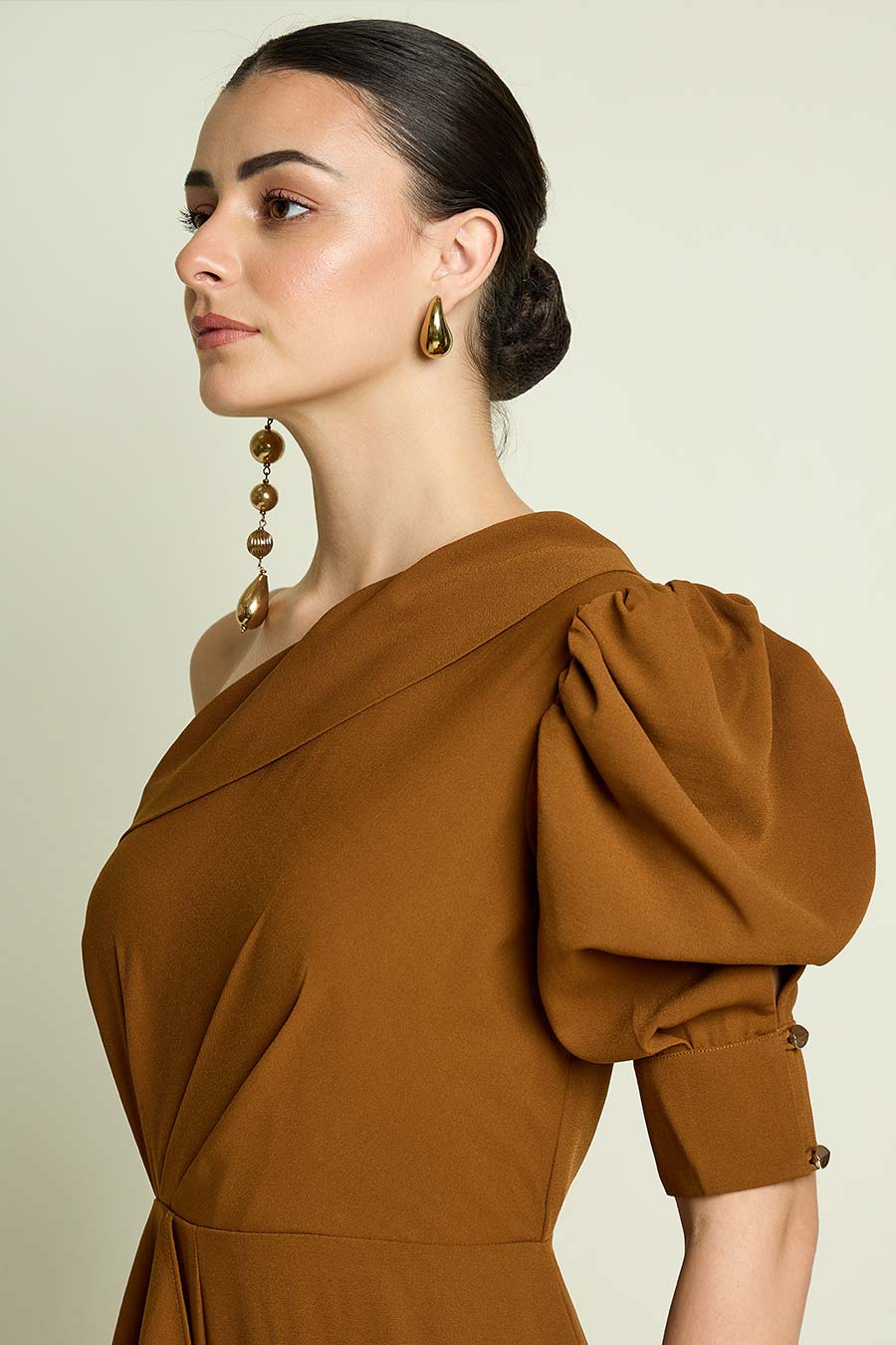 Tan One-Shoulder Drape Jumpsuit