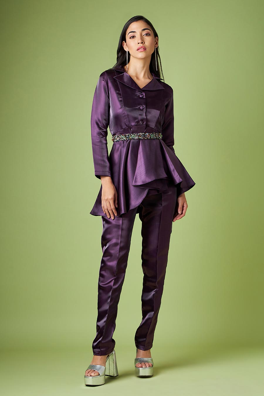 Purple Peplum Top Pant Set With Embellished Belt