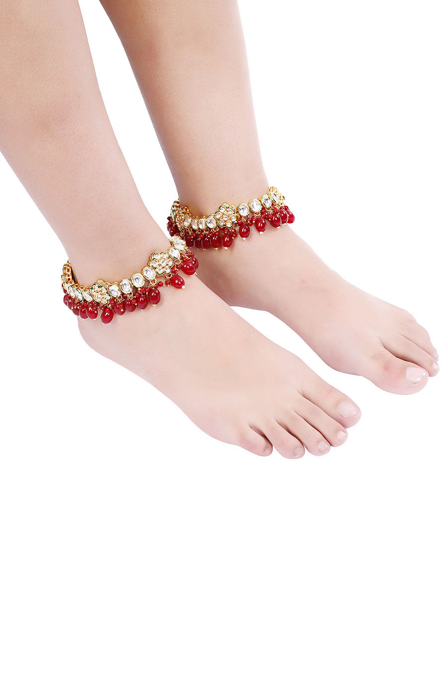 Shop Gold Plated Kundan Polki Bridal Ruby Stone Anklets Set of 2 by AAKARSHA BY AJAY at House of Designers HOUSE OF DESIGNERS