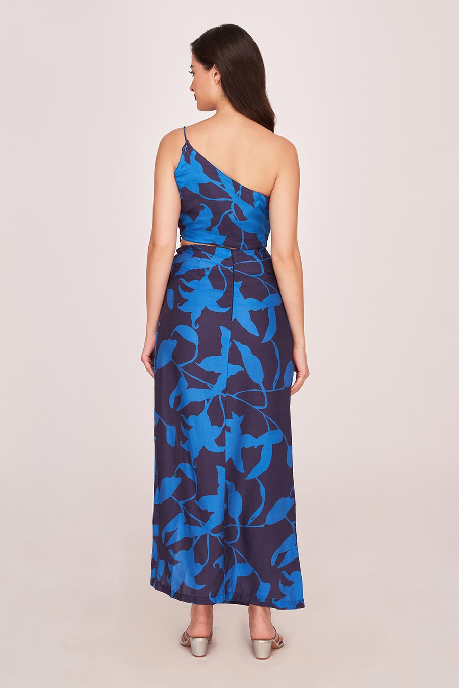 Blue Printed One-Shoulder Top & Long Skirt Co-Ord Set
