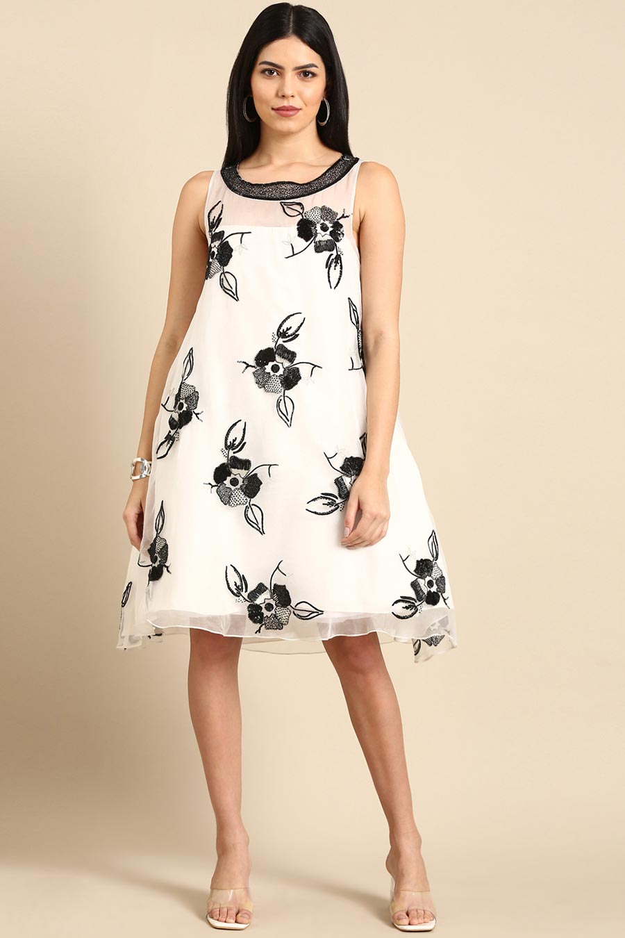 White Crushed Silk Embroidered Dress