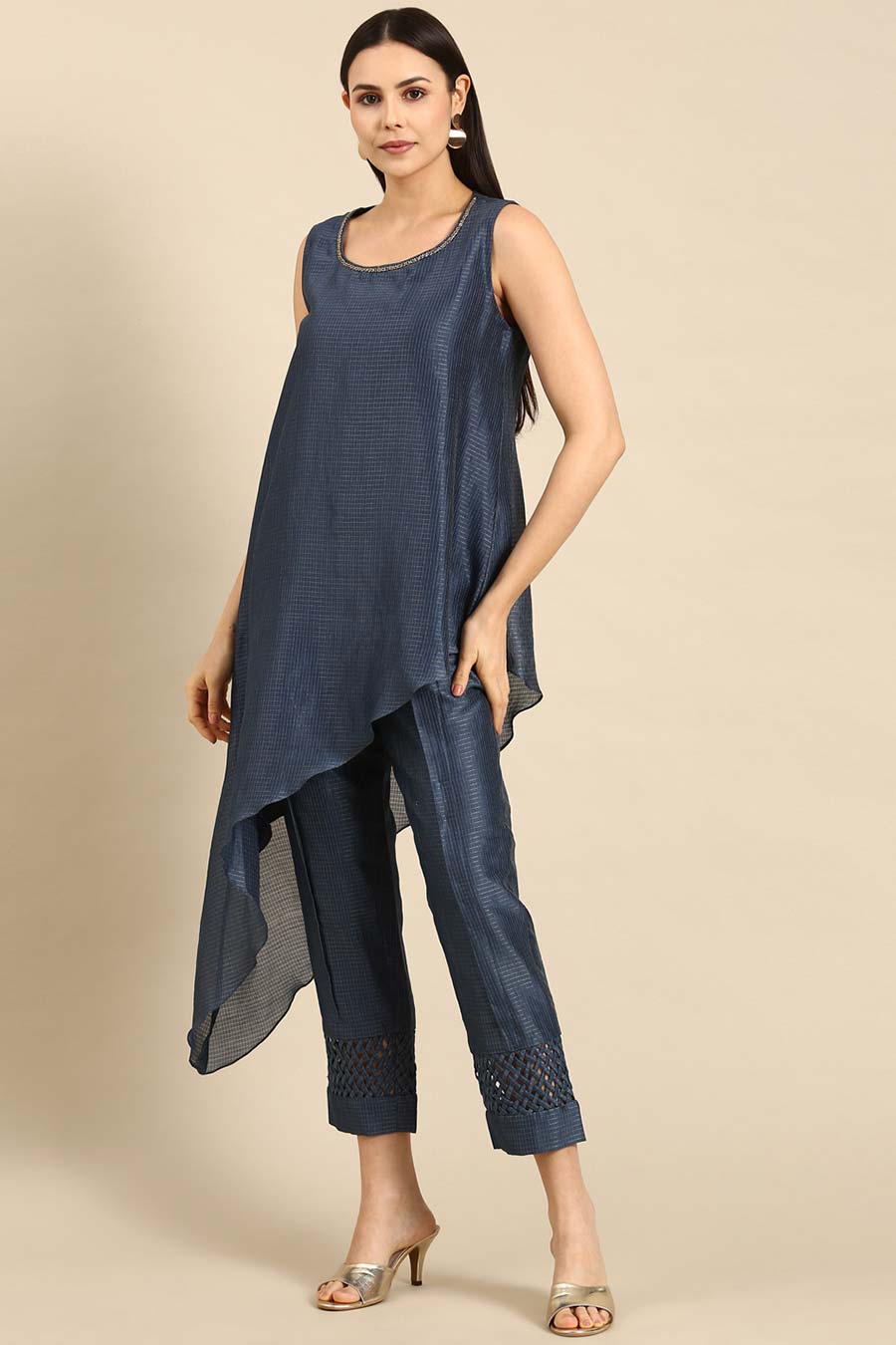 Blue Chanderi Checkered Asymmetric Top
