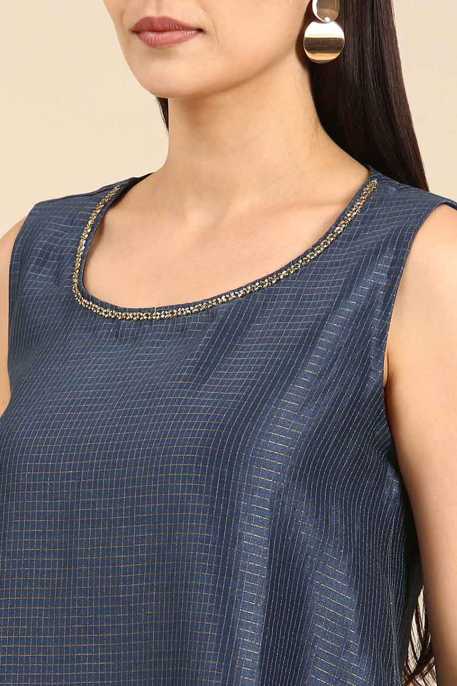 Blue Chanderi Checkered Asymmetric Top