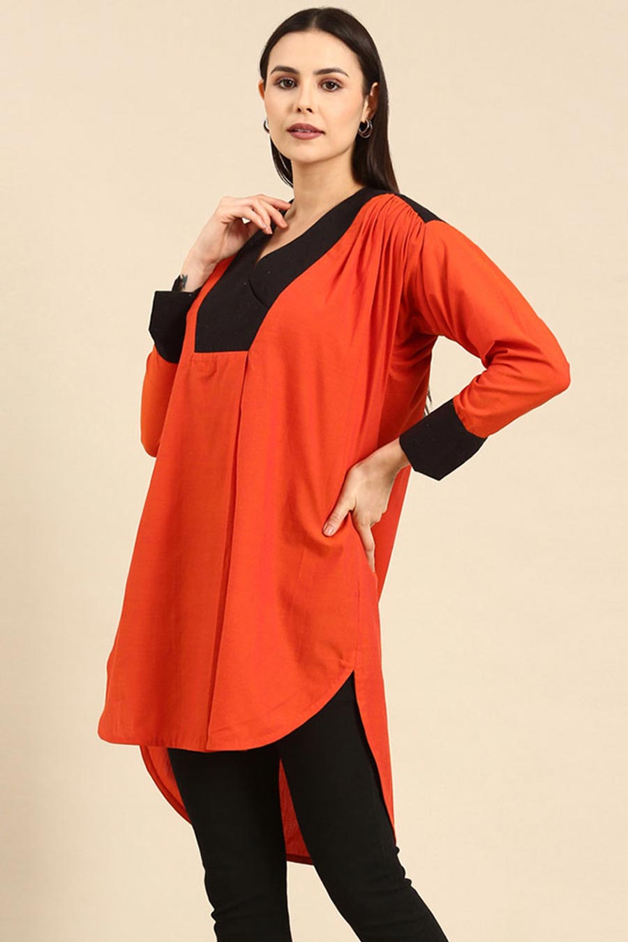 Orange & Black Cotton High-Low Top
