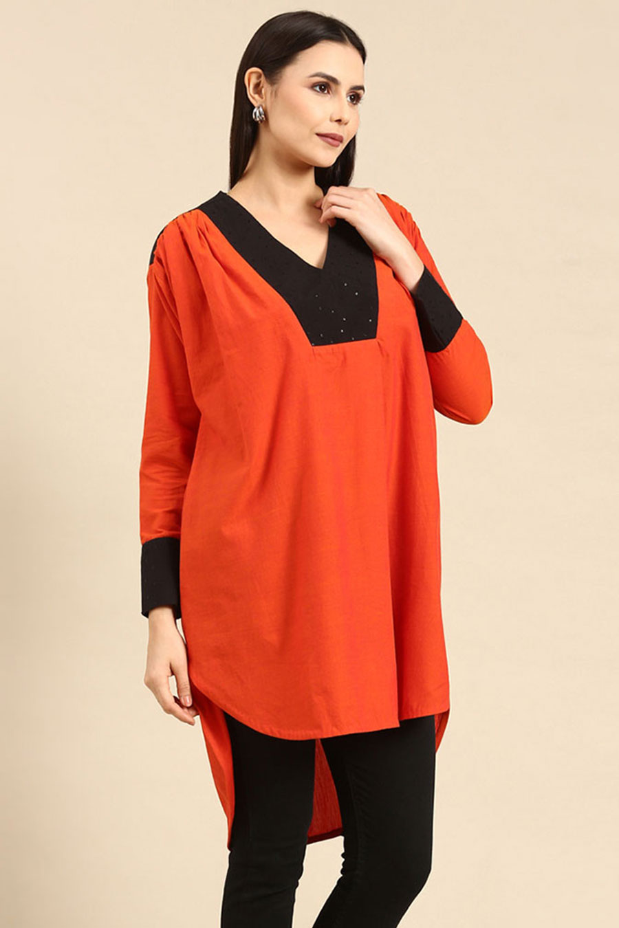 Orange & Black Cotton High-Low Top