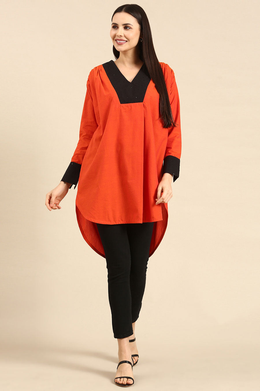 Orange & Black Cotton High-Low Top