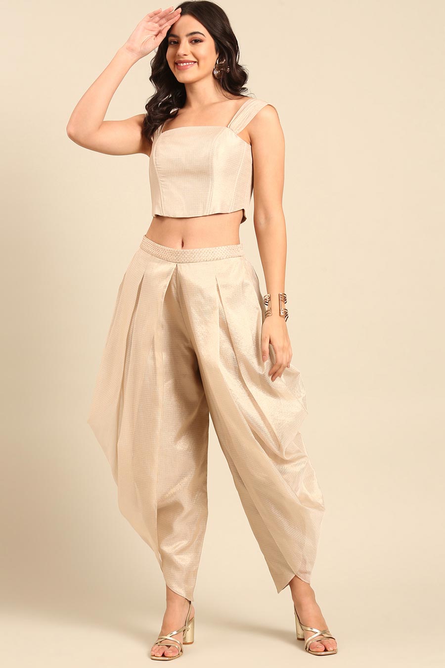 Beige Crop Top Dhoti Pant Co Ord Set