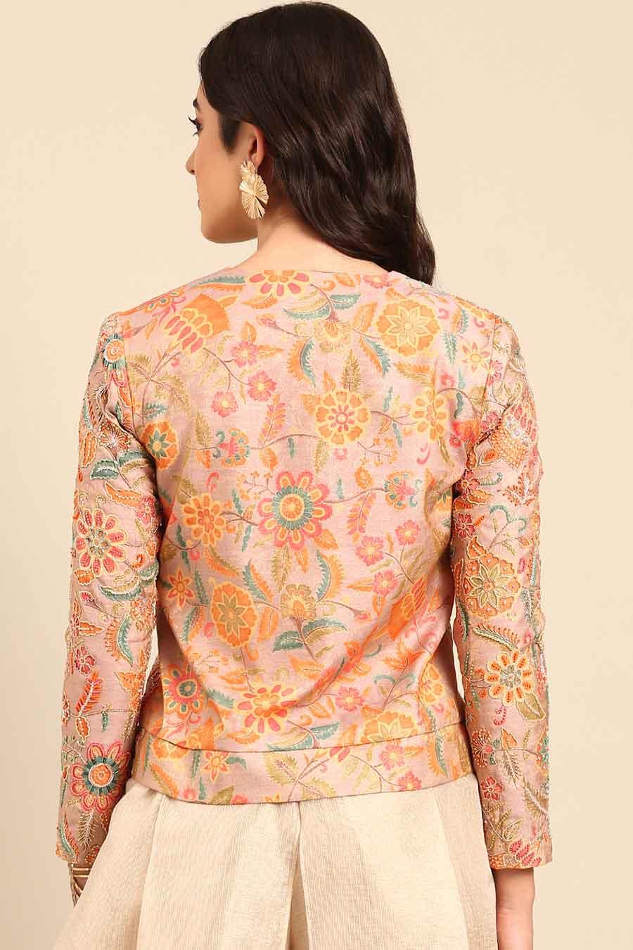 Peach Embroidered Jaquard Jacket