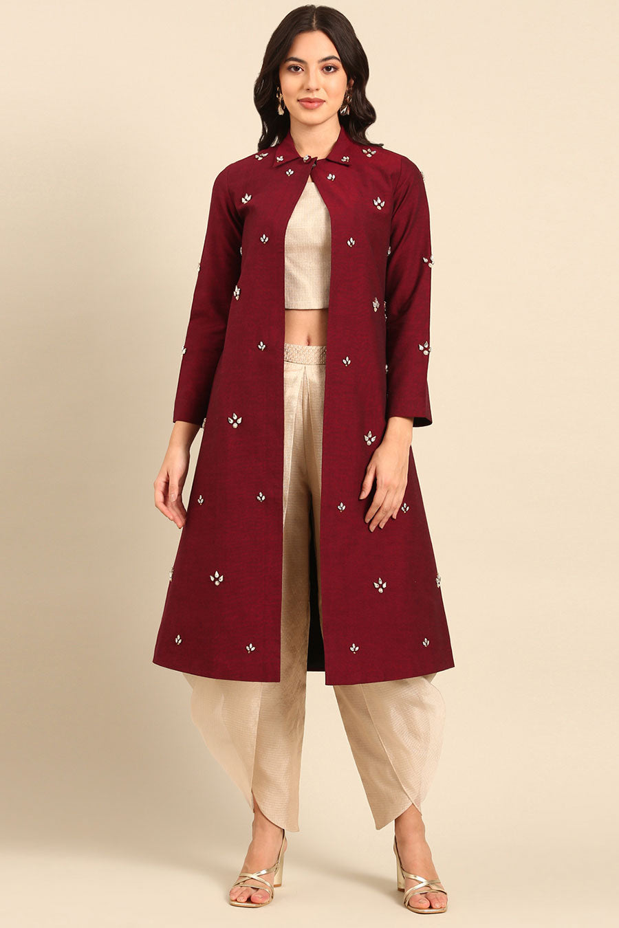 Maroon Embellished Long Jacket