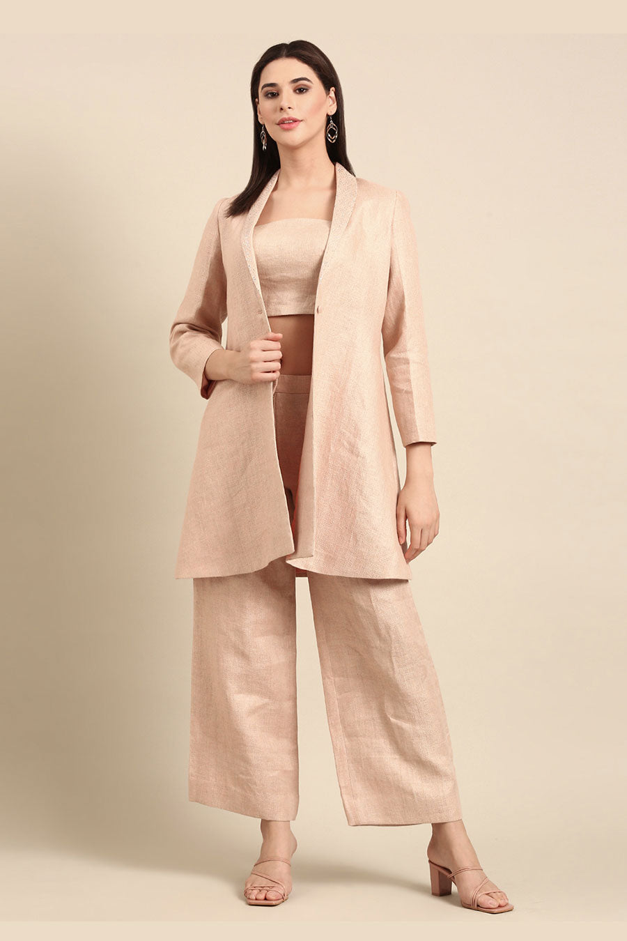 Pink Linen Jacquard Long Coat