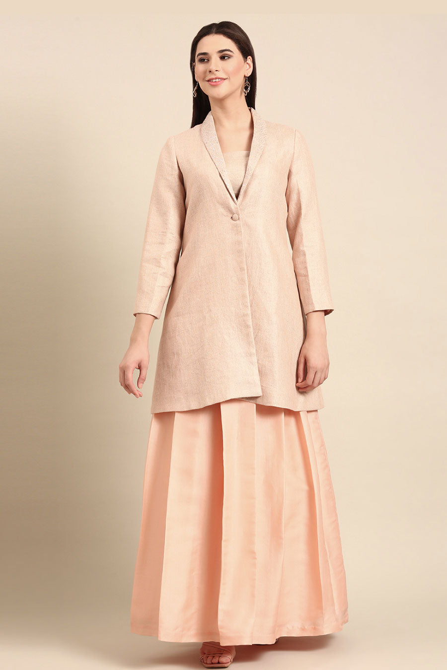 Pink Linen Jacquard Long Coat