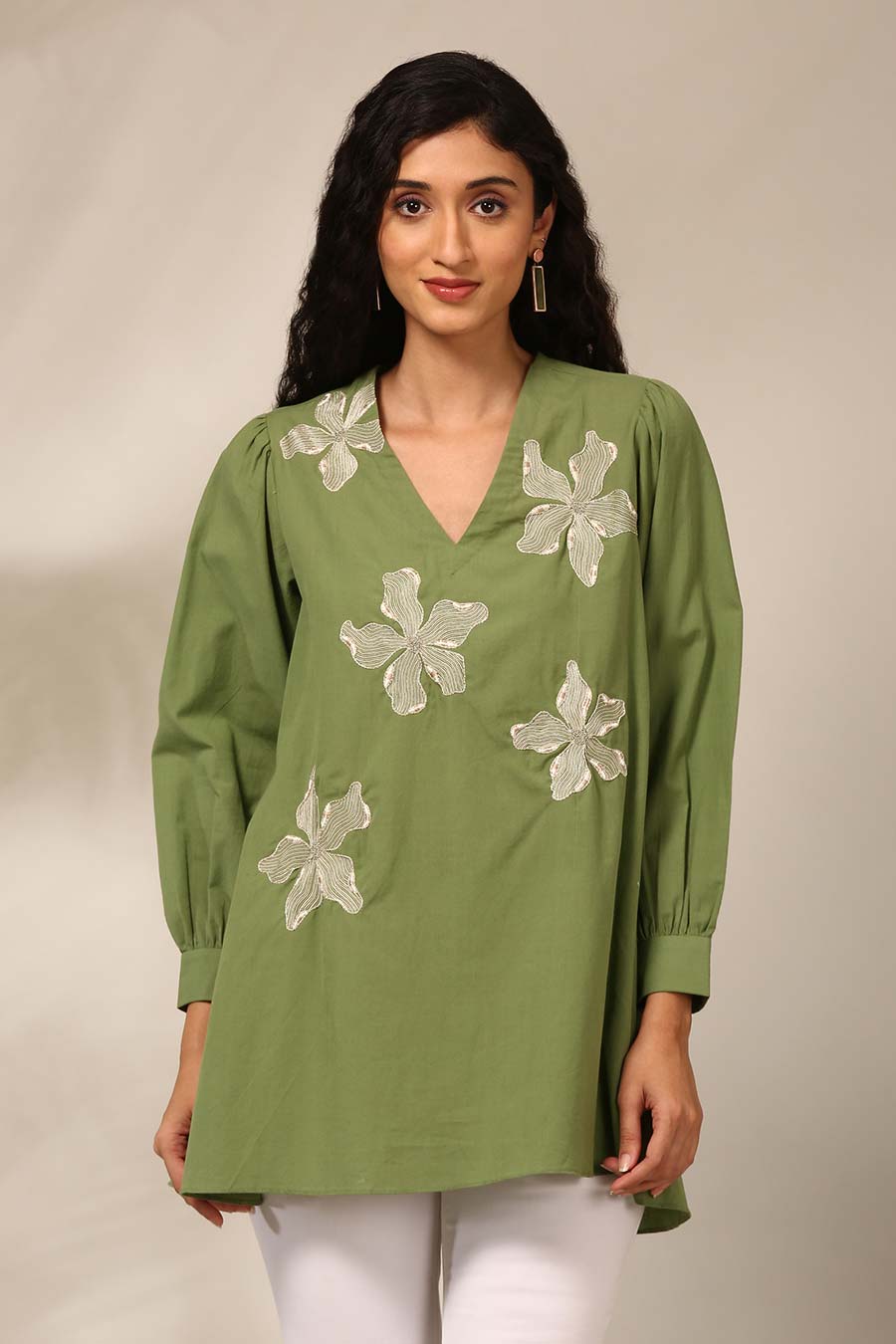 Green Embroidered Gathered Top