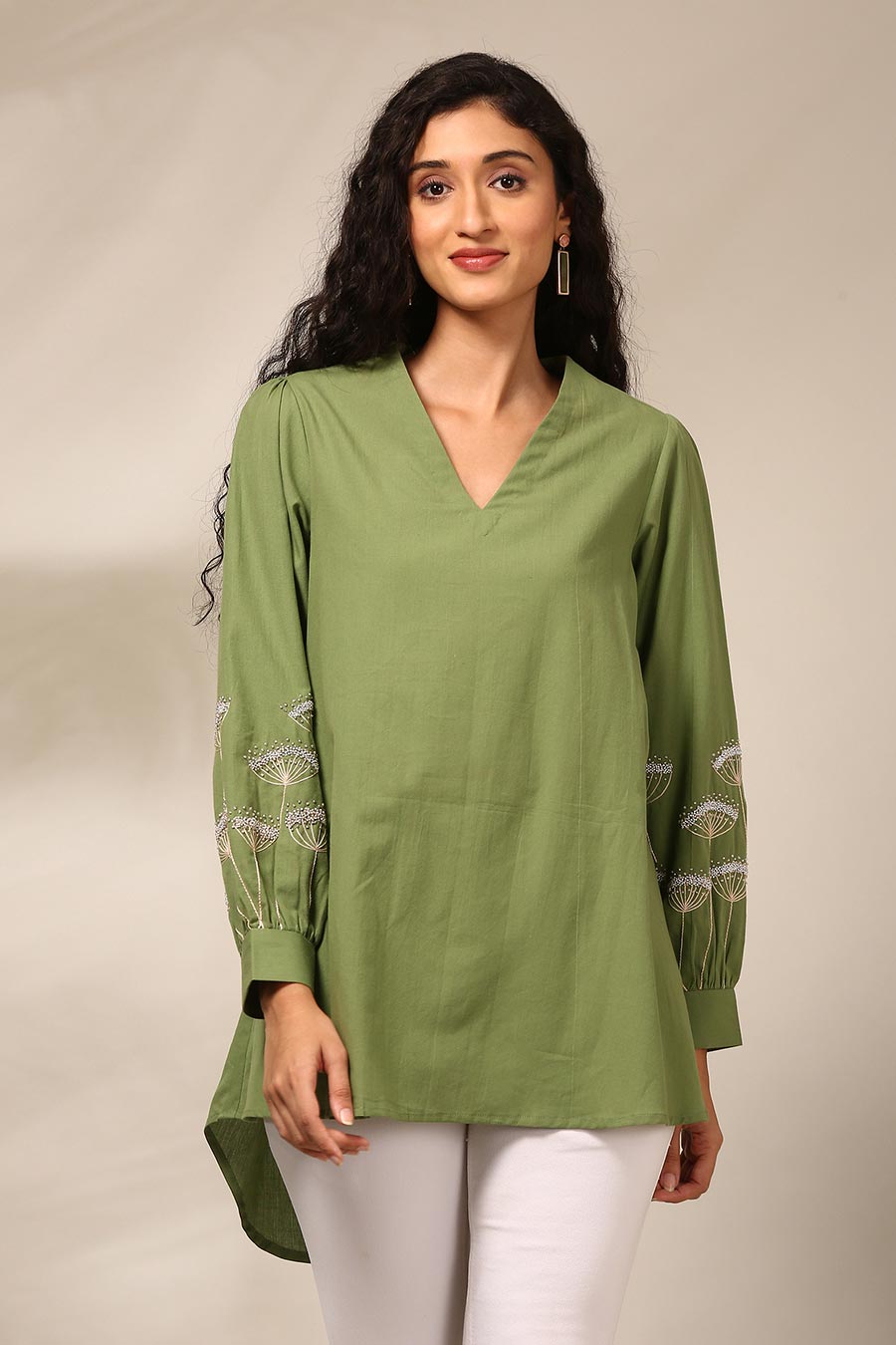 Green Embroidered High-Low Top