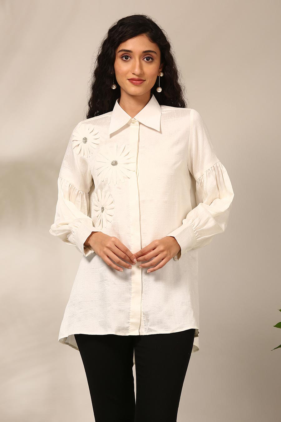 Ivory 3D Flower Embroidered Shirt