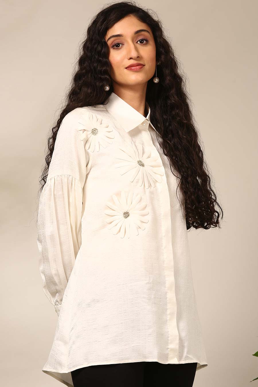 Ivory 3D Flower Embroidered Shirt
